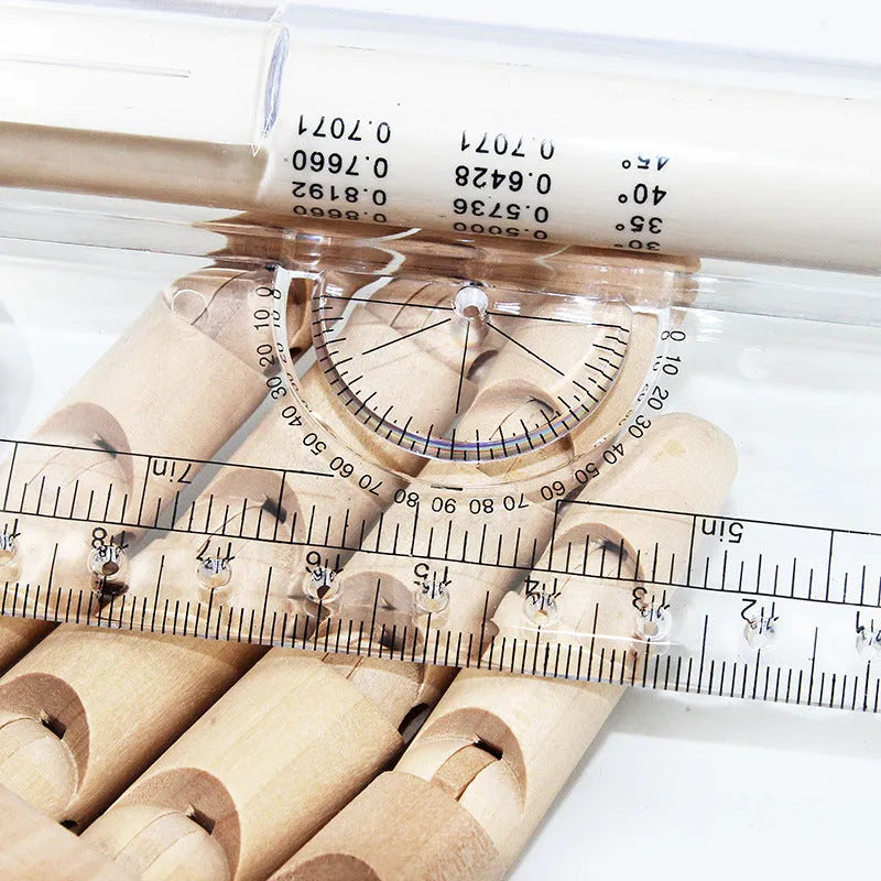 30 cm long plastic multifunctional rolling ruler for technical drafting on a drafting table.