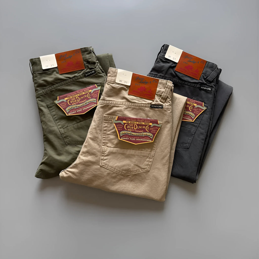 Men's straight-leg casual trousers in Army Green cotton fabric, mid-waist design.
