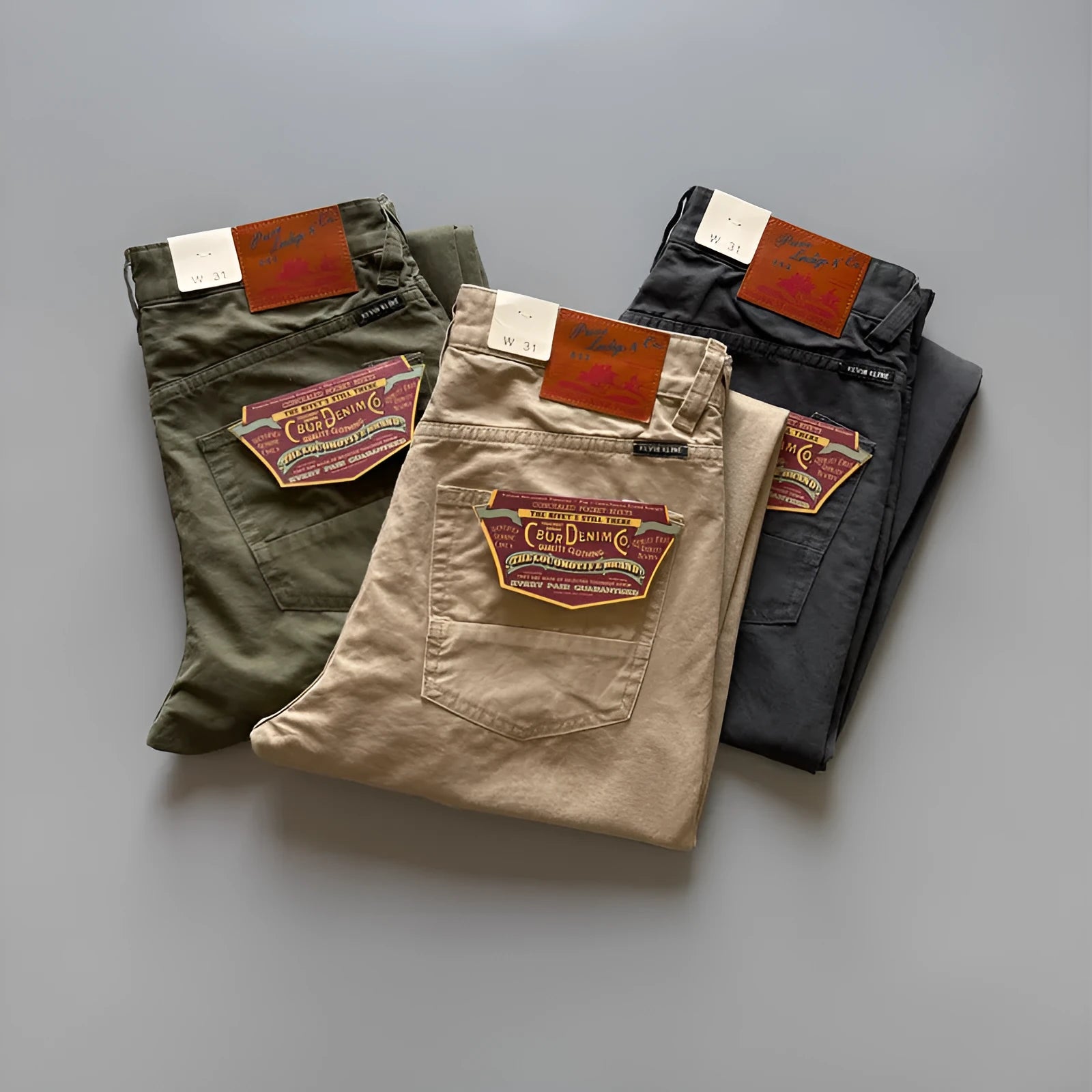 Men's straight-leg casual trousers in Army Green cotton fabric, mid-waist design.