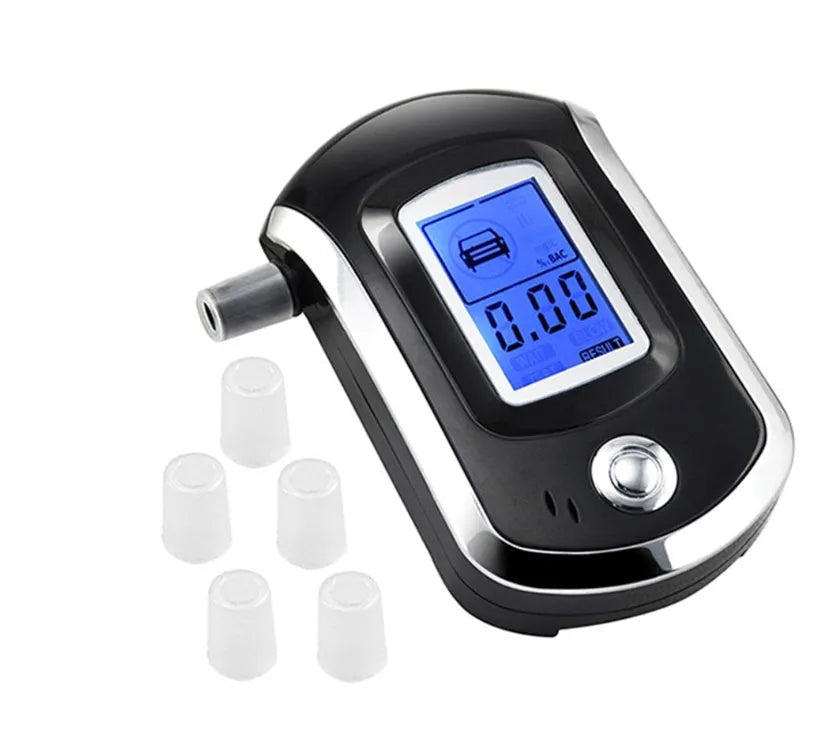 Black breathalyser alcohol tester with digital display and mouthpiece for blood alcohol concentration measurement