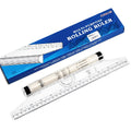 30 cm long plastic multifunctional rolling ruler for technical drafting on a drafting table.