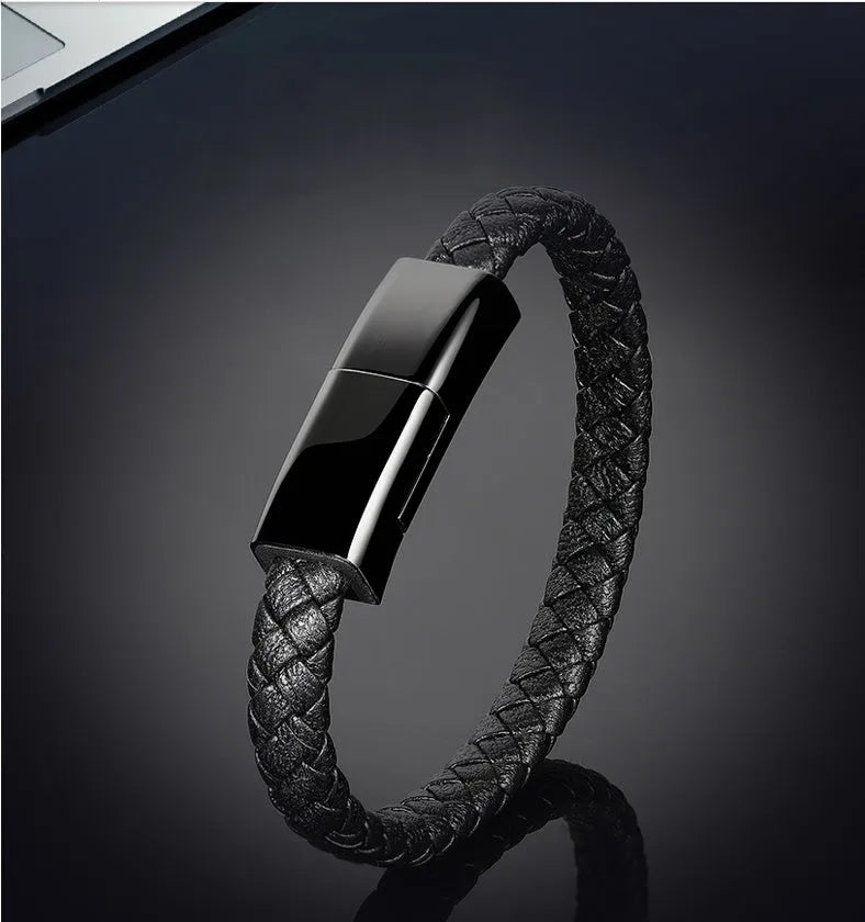 Brown braided double-line USB charging cable in a presentation gift box.