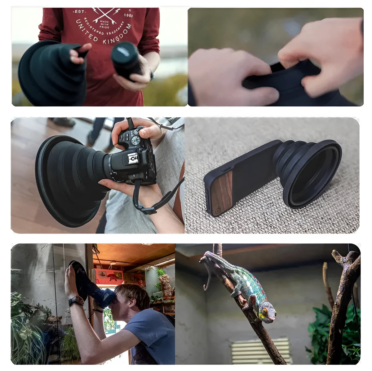 Black conical silicone lens hood for camera showing large and small size options.
