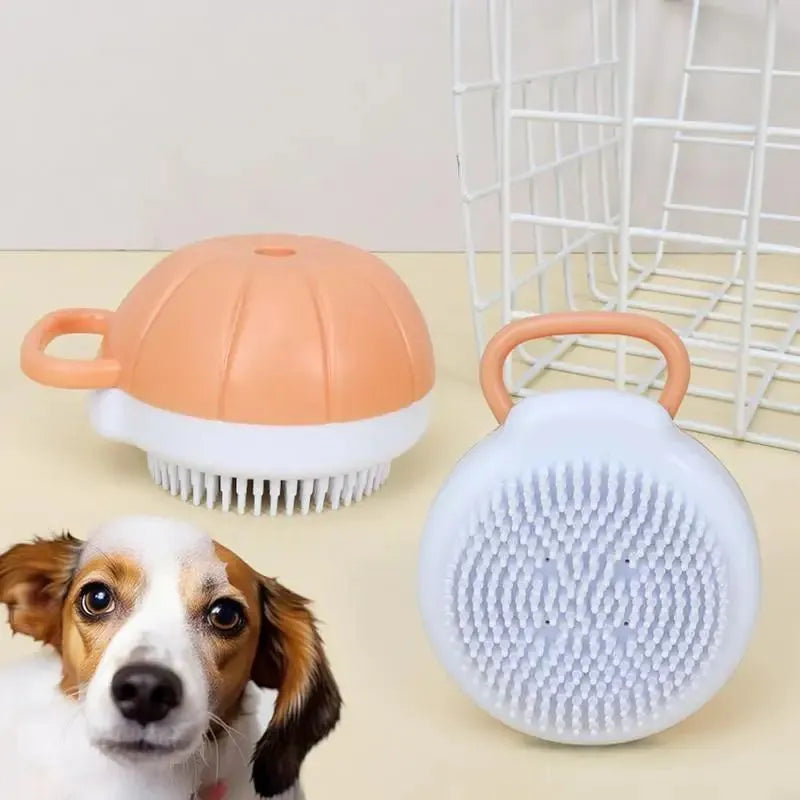 Orange TPR dog bath brush with shampoo dispenser and comb teeth for pet grooming