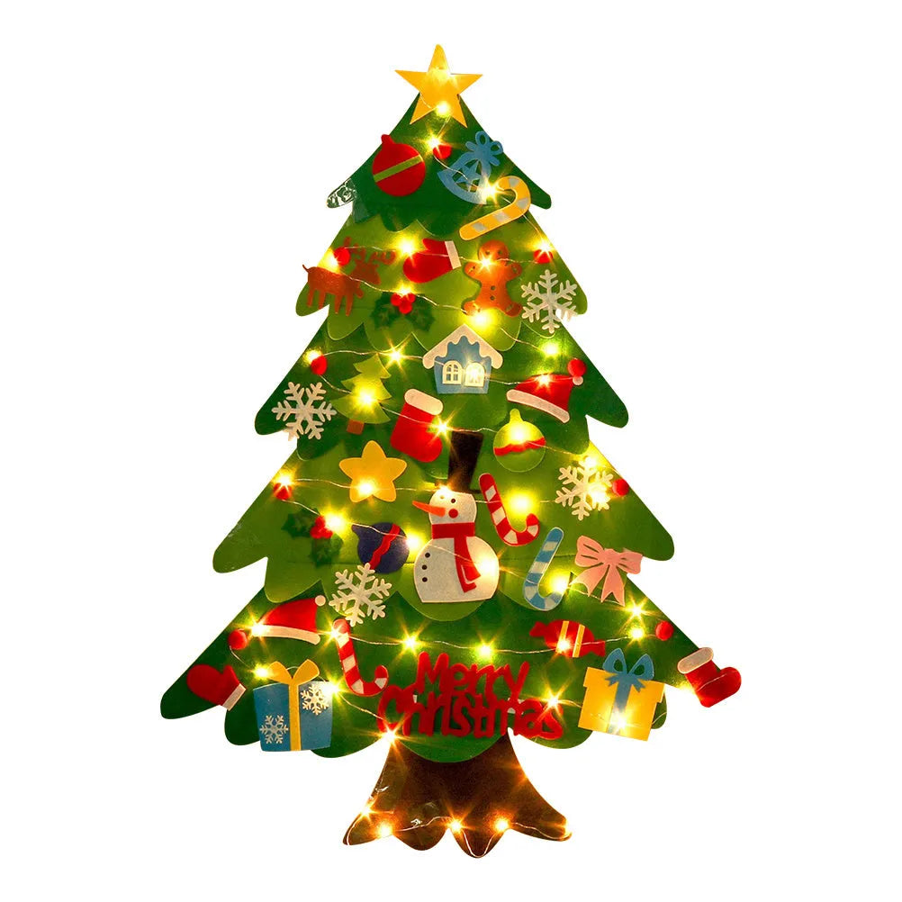 Green DIY felt Christmas tree with fairy-tale lights mounted on wall with decorative ornaments