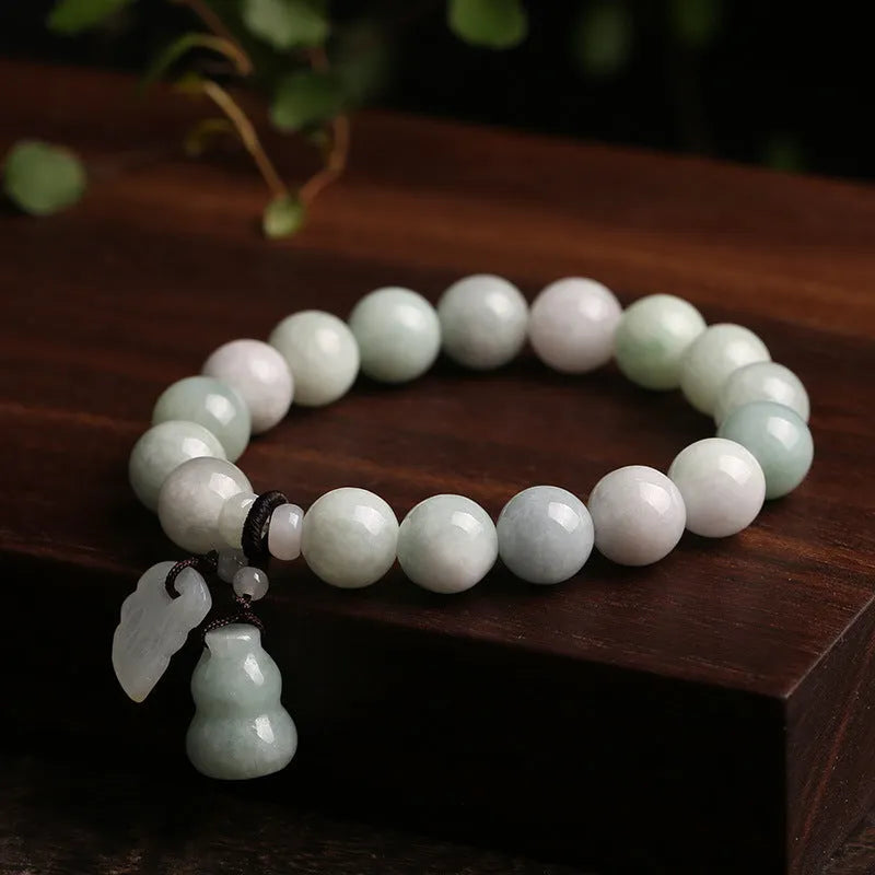 Natural jade bracelet with hanging Maitreya Buddha and geometric symbols, adjustable 18-22cm length