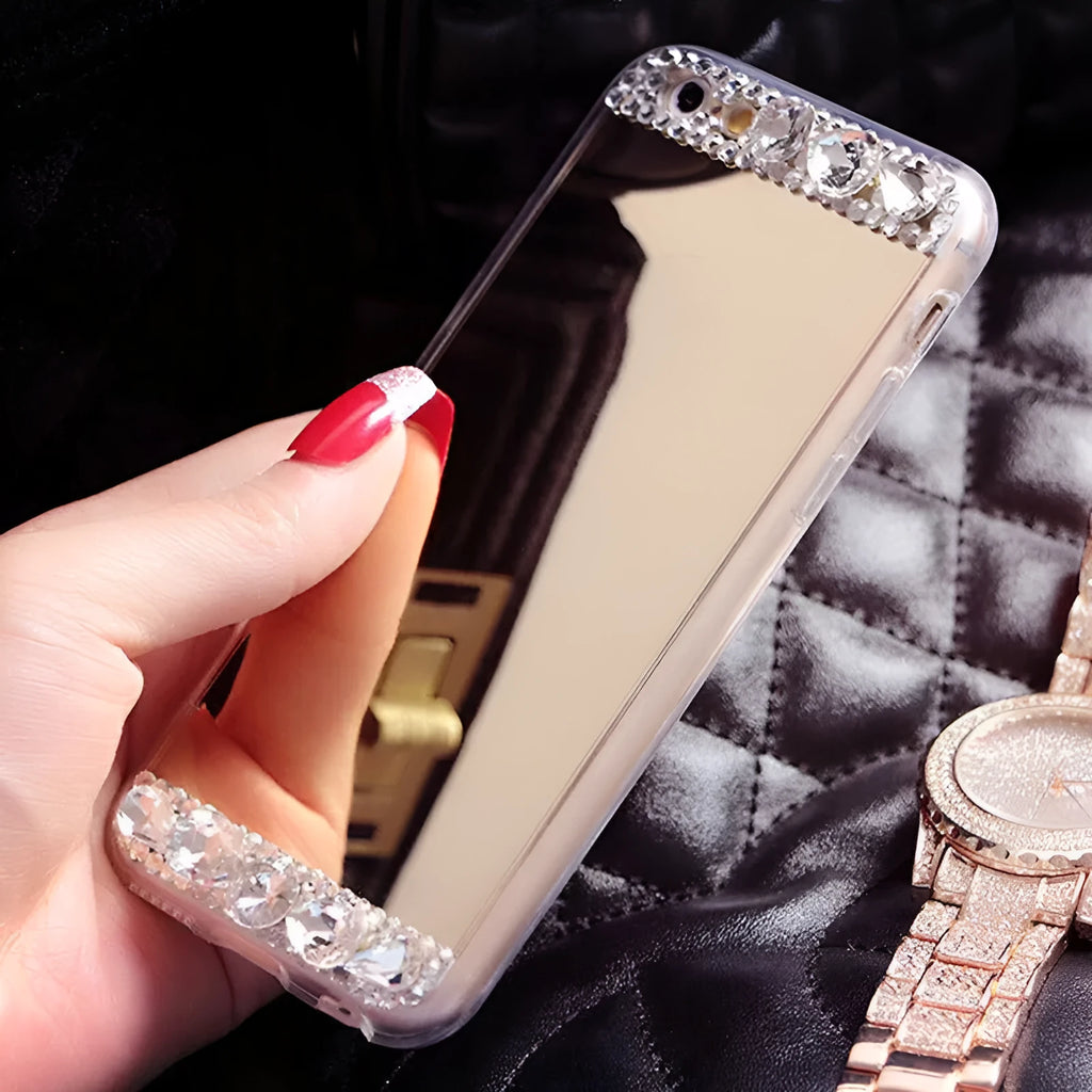 Rhinestone detailing on a gold silicone back cover for a Huawei mobile phone.