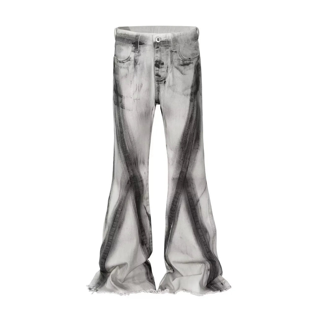 White American street retro heavy rough selvedge style jeans with a black ribbon gradient pattern.