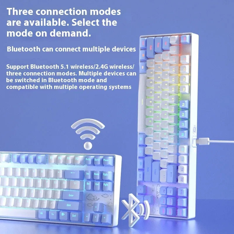 Wireless mechanical keyboard with metal frame in blue-white colour scheme showing backlit keys and USB-C charging port