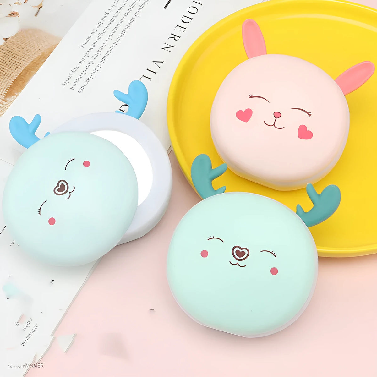 Blue and pink rabbit 3 in 1 USB hand warmer power bank with LED makeup mirror, 11 x 4.5 x 14.5cm ABS plastic