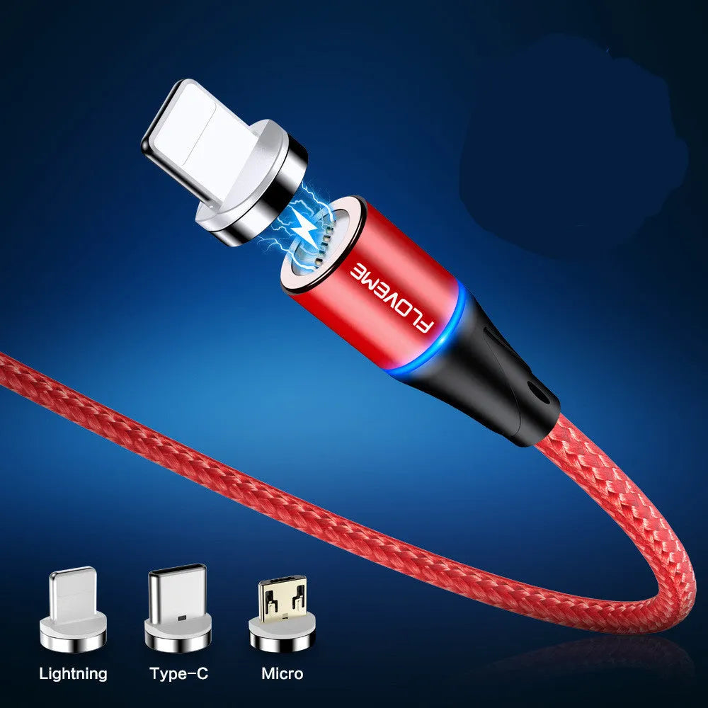 3A fast charge magnetic data cable with side light, showing Type-C connector and 3-in-1 heads for Apple and Android devices