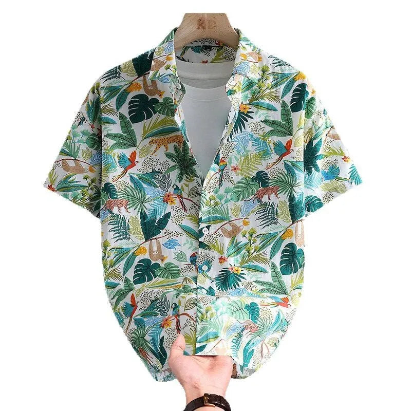 Men's short sleeve cotton cardigan shirt with printed Hawaiian floral pattern in various colour options