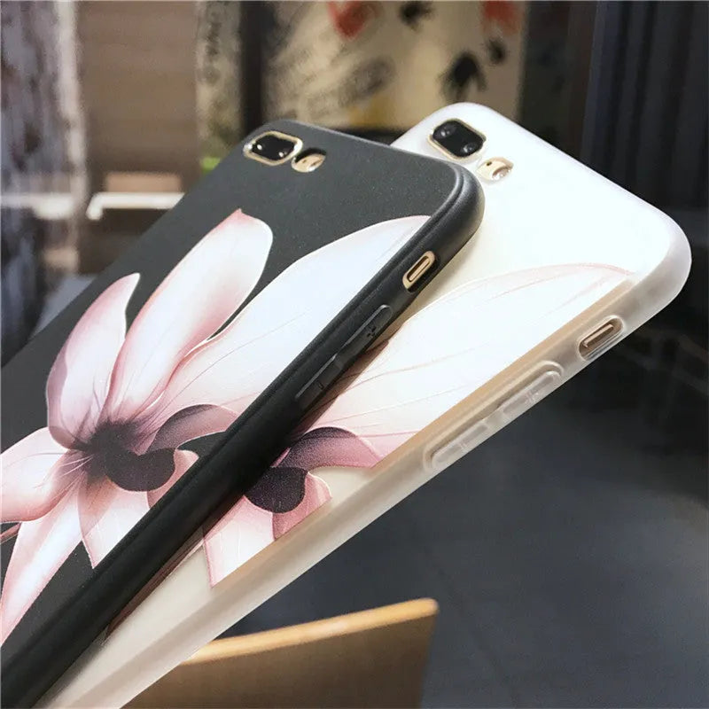 Embossed floral pattern TPU phone case for iPhone in black and white colour options