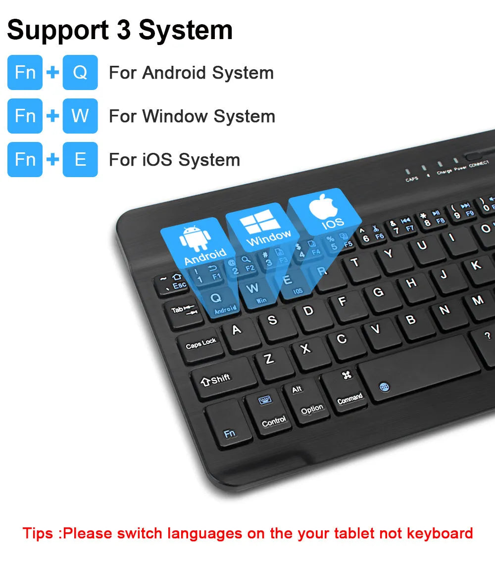 Mini Bluetooth wireless keyboard in black or white, showing compact design for 7-inch to 10-inch devices with 44-hour battery