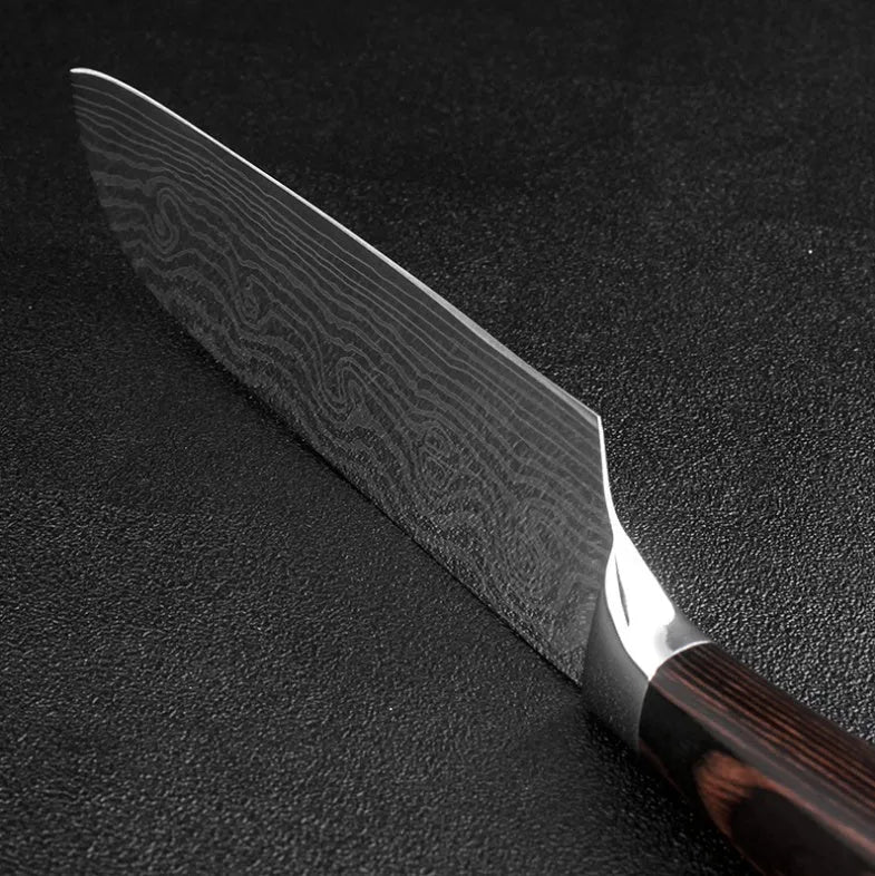 Santoku chef knife with laser Damascus pattern blade and coloured wood handle, blade length 7 inches.