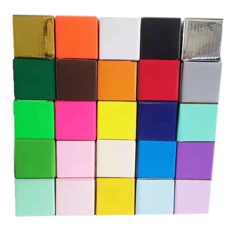 Square corrugated cardboard packaging box in black, shown next to size and colour options.