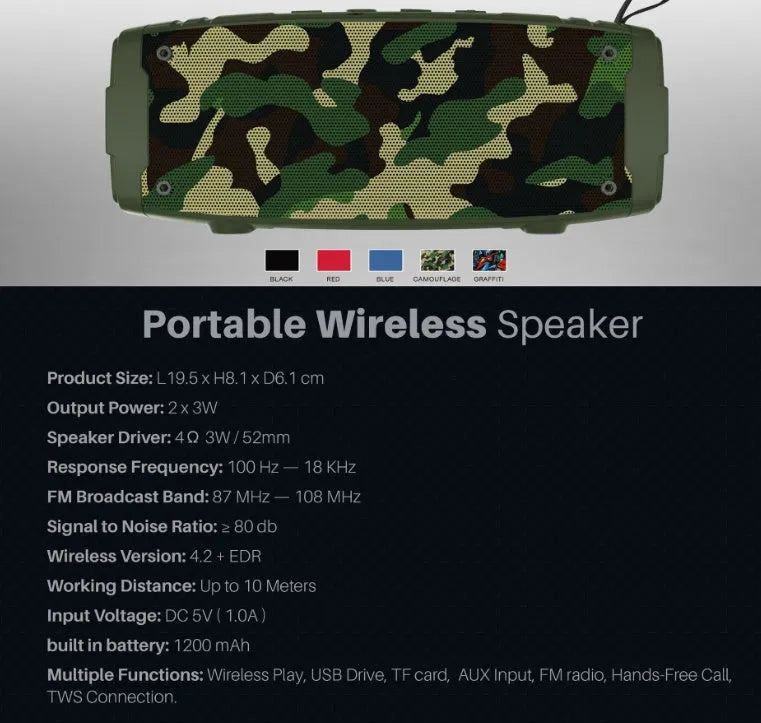 Portable Bluetooth speaker showing colour options: black, blue, camouflage, graffiti, hip hop, and red