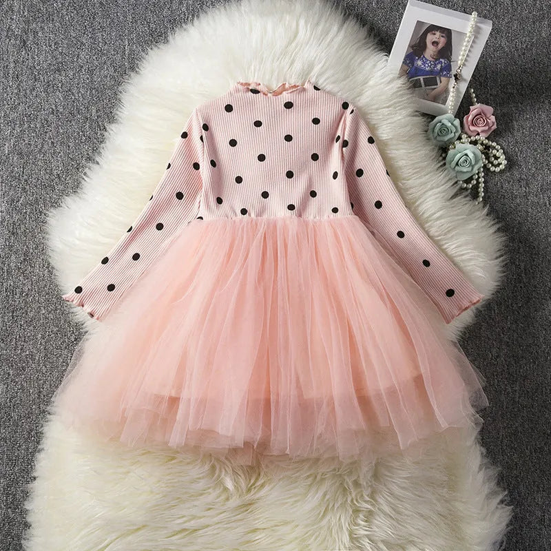 Baby girls long sleeve tutu lace dress with lace detailing, available in black, pink, white for ages 3-8 years