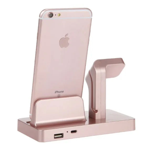 White 2-in-1 charging dock station for iPhone and Apple Watch on a desk