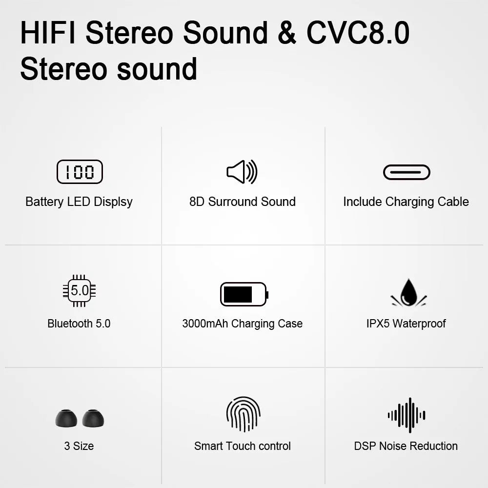 Black TWS Bluetooth wireless headset with earbuds for music and calls.