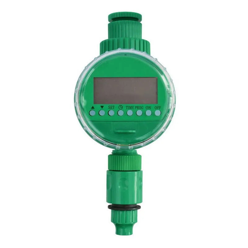 Green automatic watering timer device for drip irrigation systems with household water flow compatibility