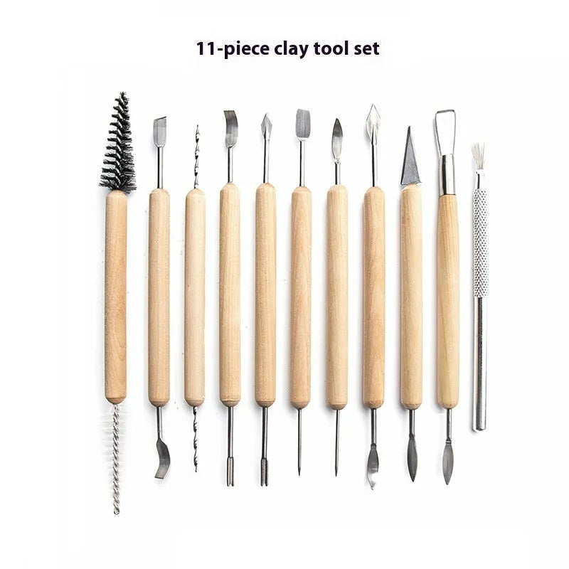11-piece clay pottery tools set with wooden stainless steel construction and multi-combination repair billet tools