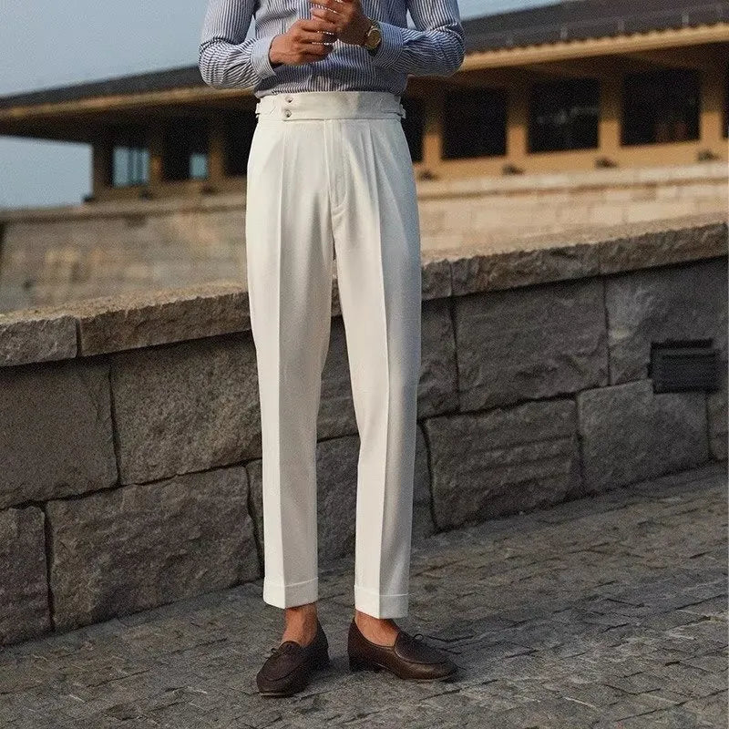 Straight-leg business trousers in black, white, or apricot with polyester construction for office wear