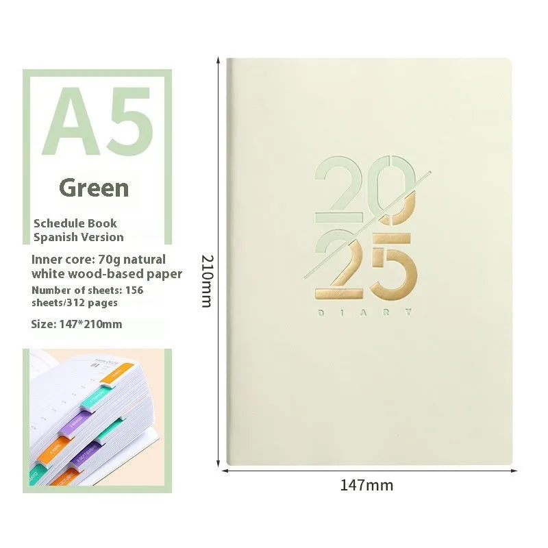 A5 daily planner with faux leather cover open to show 150 sheets of Dorian paper and lying-flat thread binding