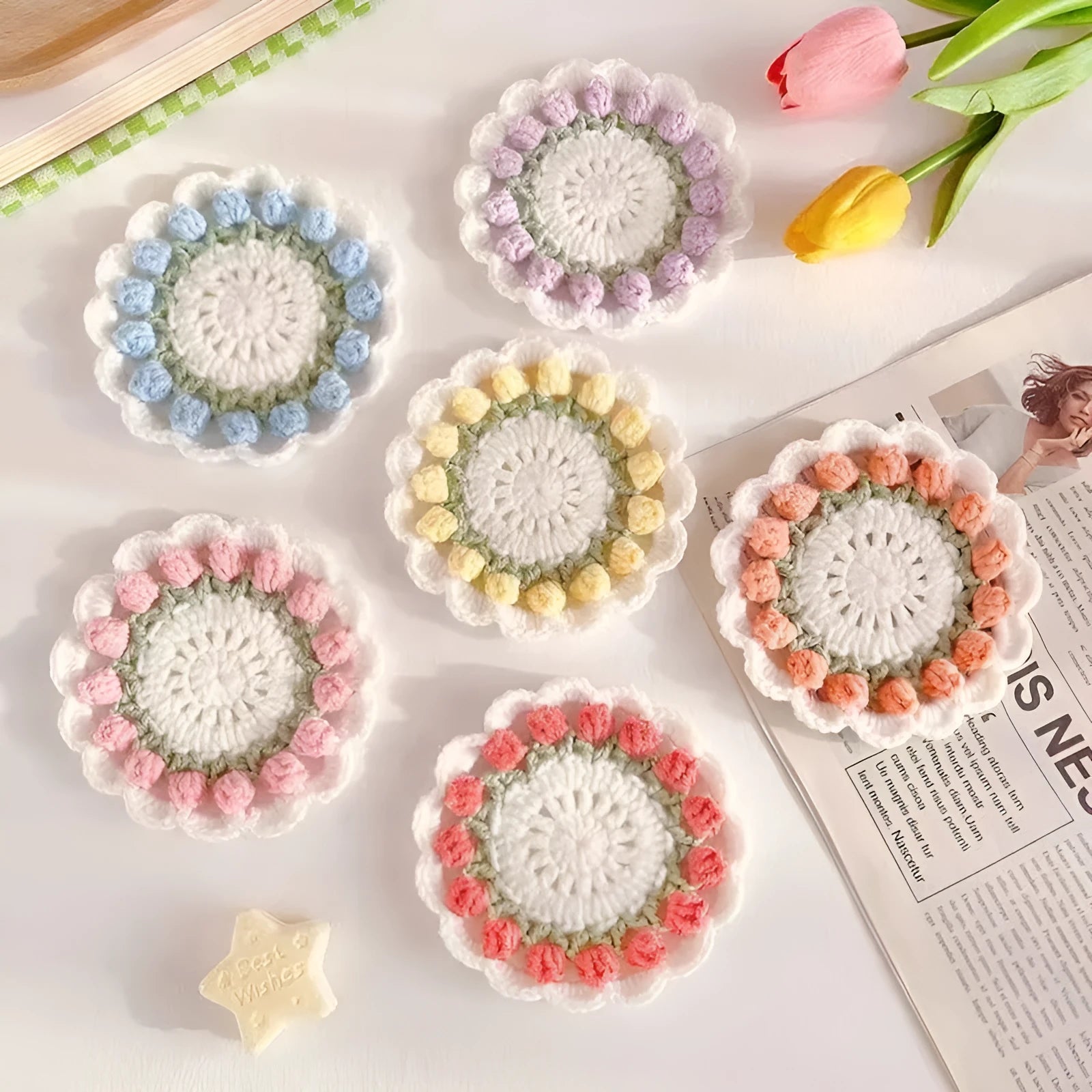 Handmade yarn hook woven flower coaster in cotton linen blend