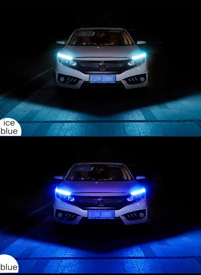 Car LED daytime running light strip with flowing turn signal, showing 0.3cm thickness and wiring connections