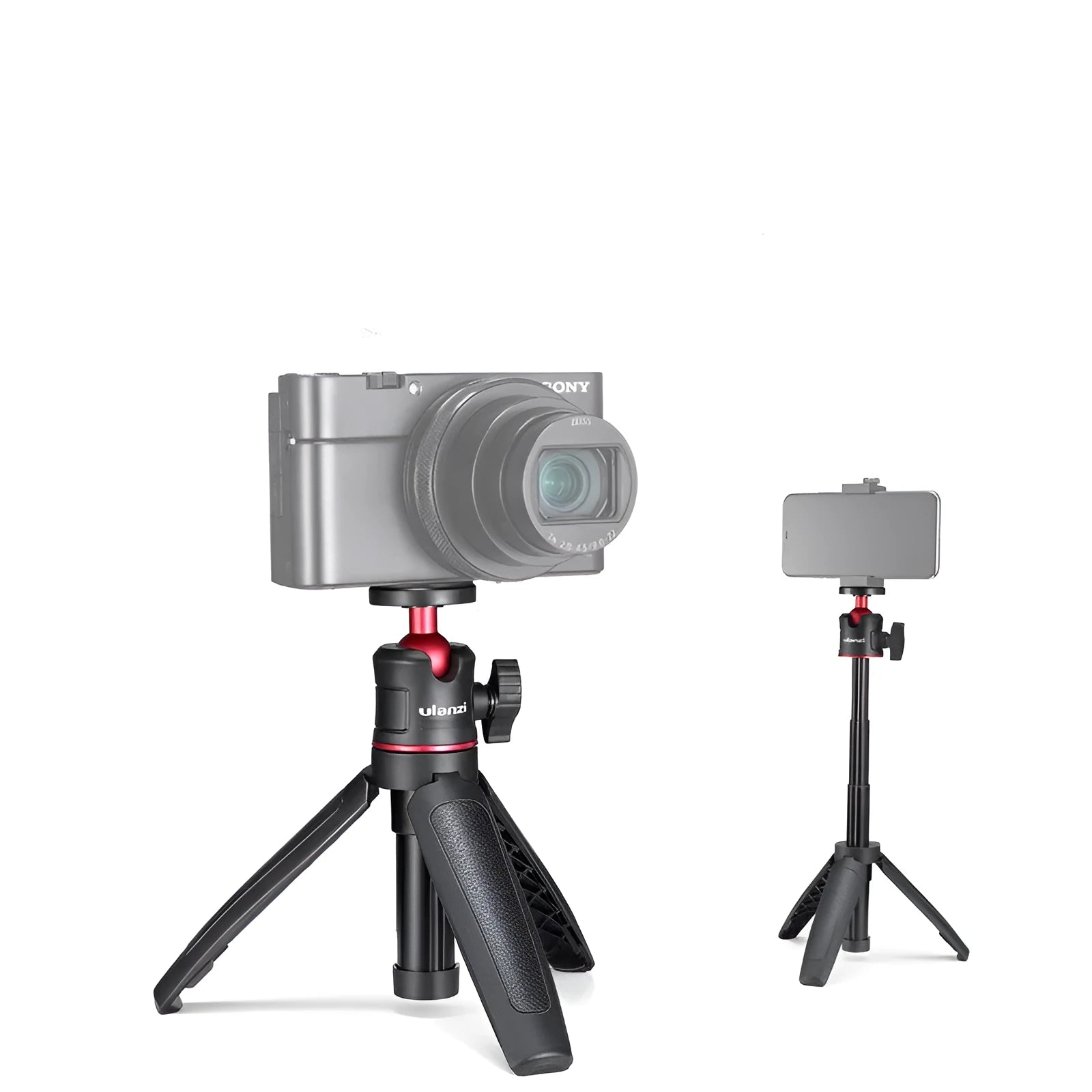 Black red and white aluminium and ABS plastic desktop tripod with extended selfie stick for mobile phones.