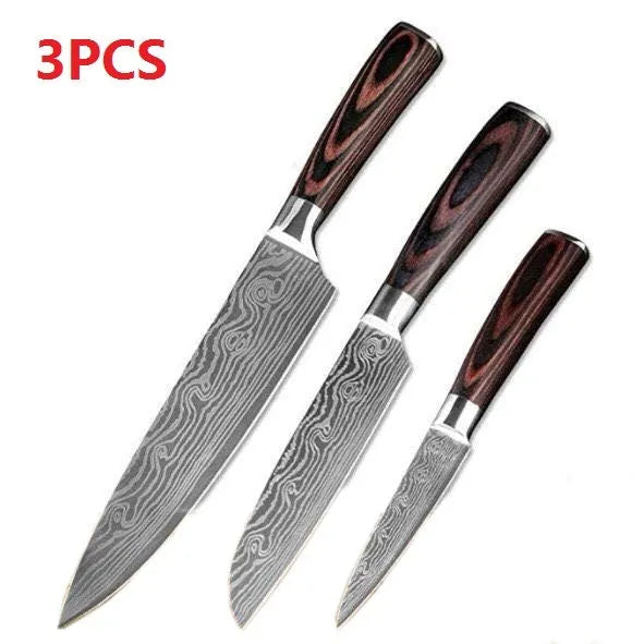 Santoku chef knife with laser Damascus pattern blade and coloured wood handle, blade length 7 inches.
