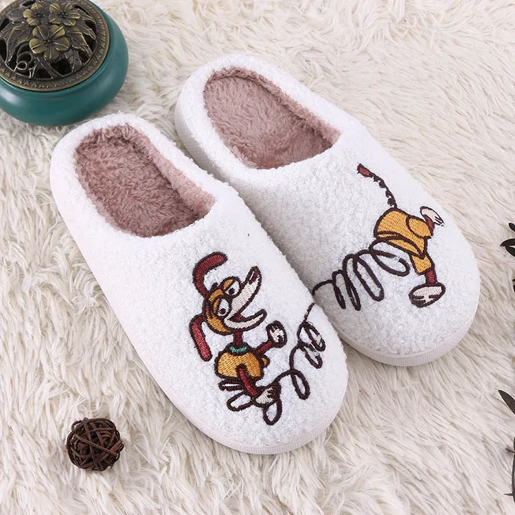 White fluffy cartoon slippers with a plush upper and a non-slip rubber sole.