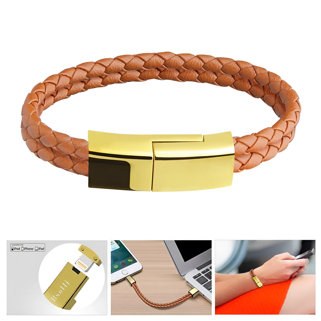 Brown braided double-line USB charging cable in a presentation gift box.
