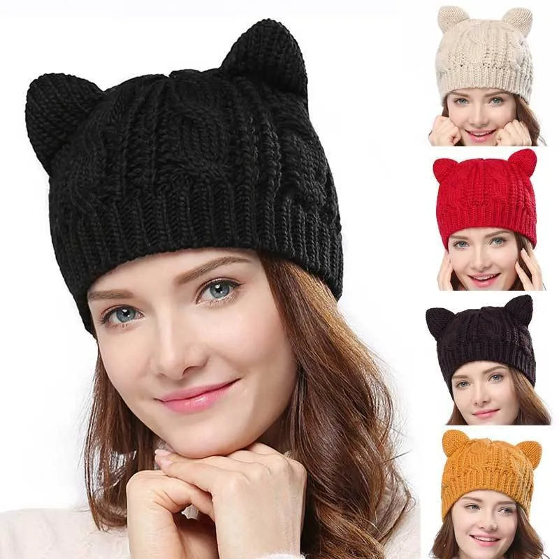 Hand-knitted wool cat ear beanie in red colour showing 3D ear design and textured wool material