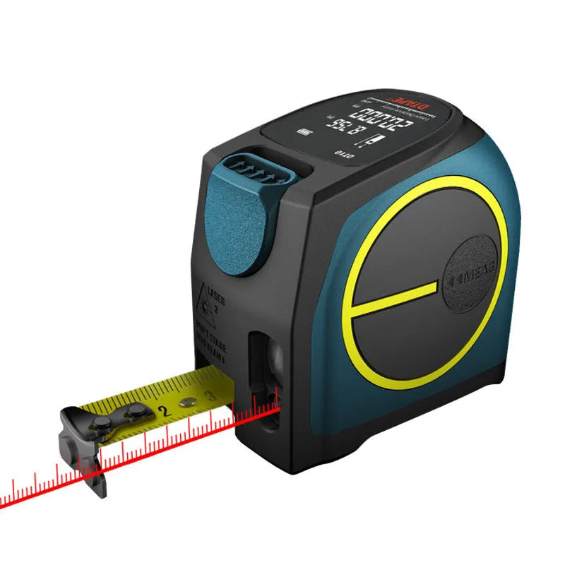 Black infrared laser rangefinder with digital display and 5M nylon coated tape measure, rechargeable DT10 model