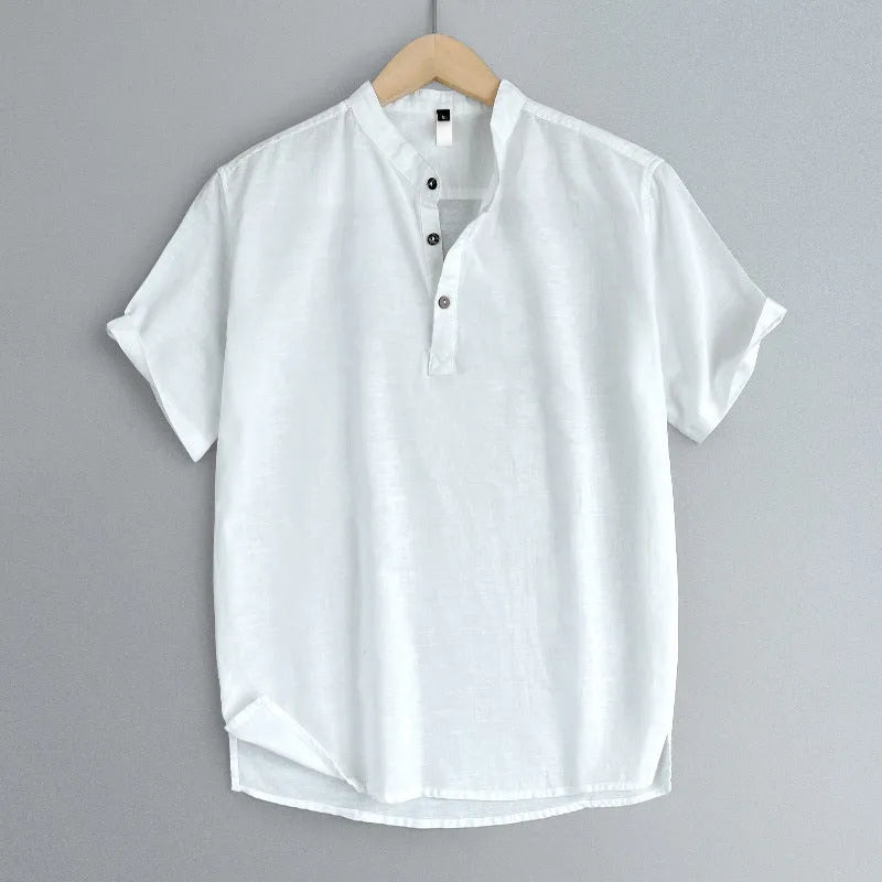Men's solid colour linen short sleeve t-shirt in black, white, grey green or optic linen options