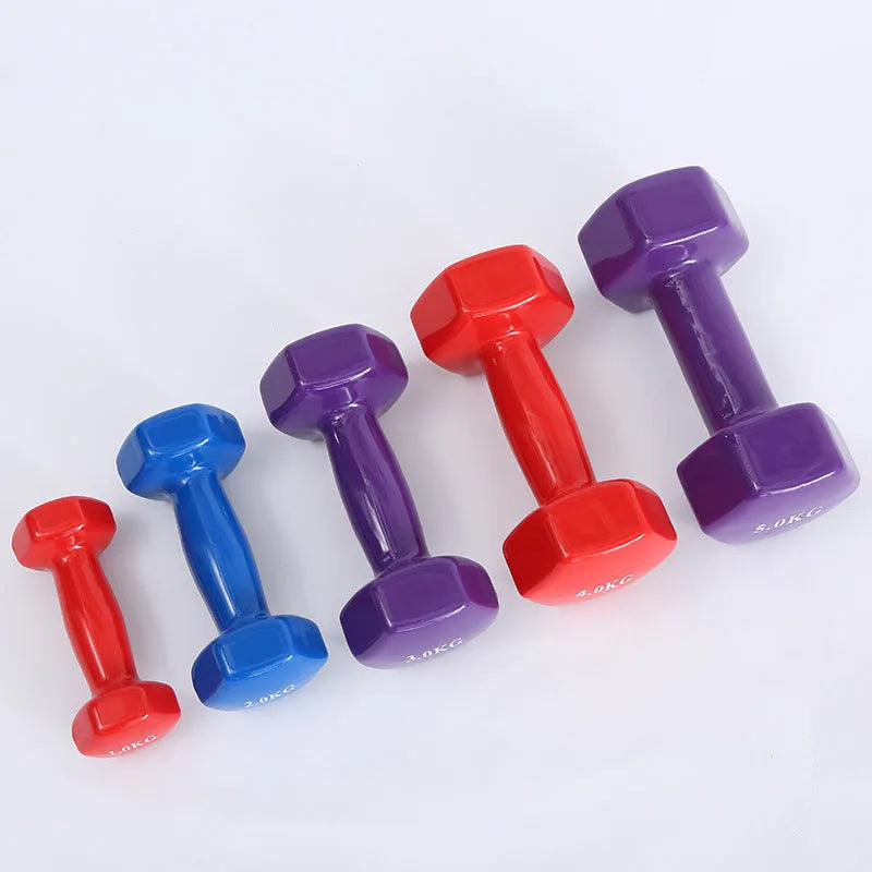 Bright colour plastic-coated fitness dumbbells with glossy surface for floor protection during home workouts