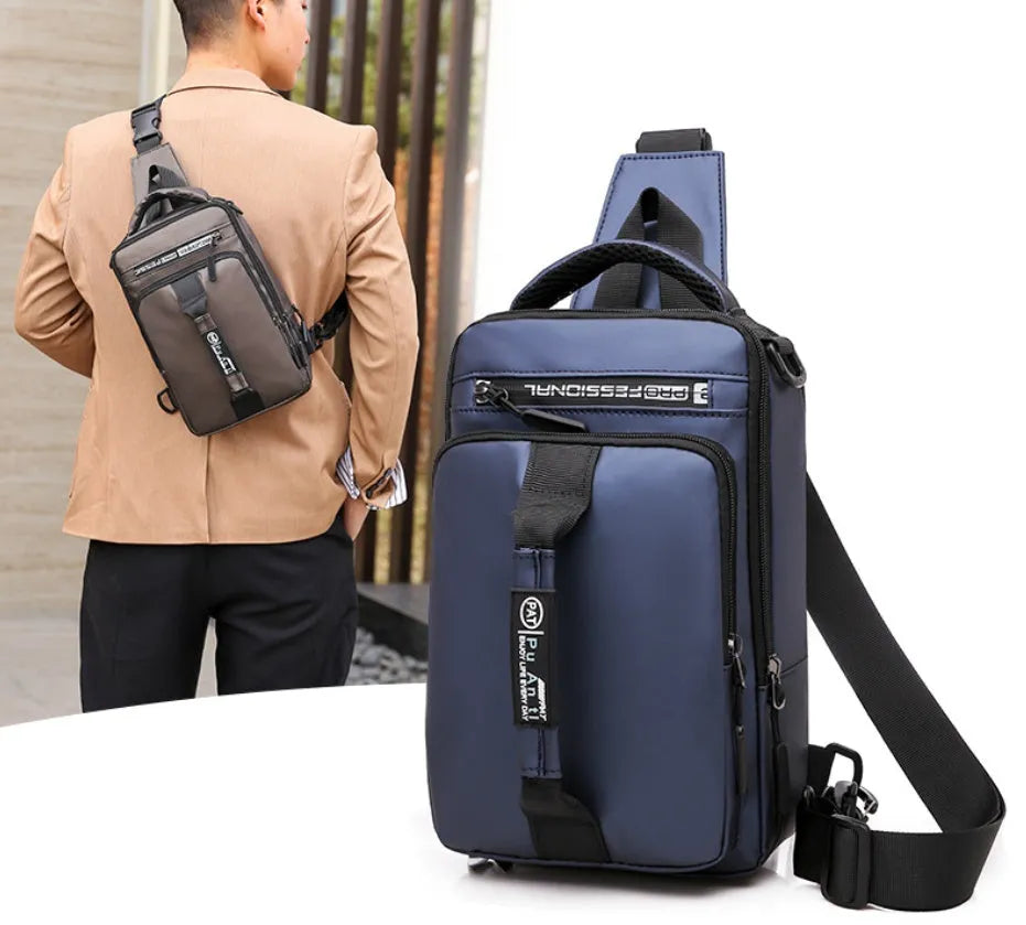 Oxford cloth chest bag in khaki with zip opening, internal zipper pocket, soft handle, and square vertical section shape