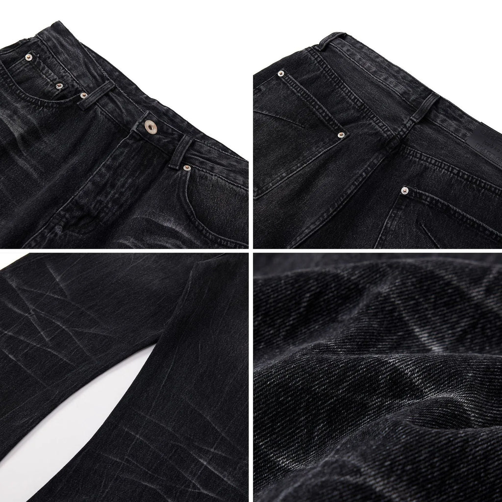 Men's black straight-leg jeans with faded lightning crack pattern on cotton denim