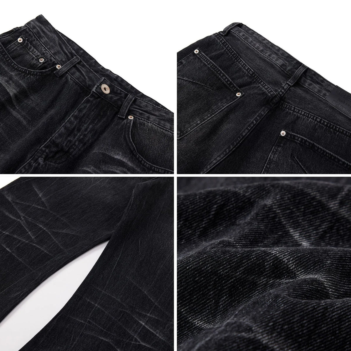 Men's black straight-leg jeans with faded lightning crack pattern on cotton denim