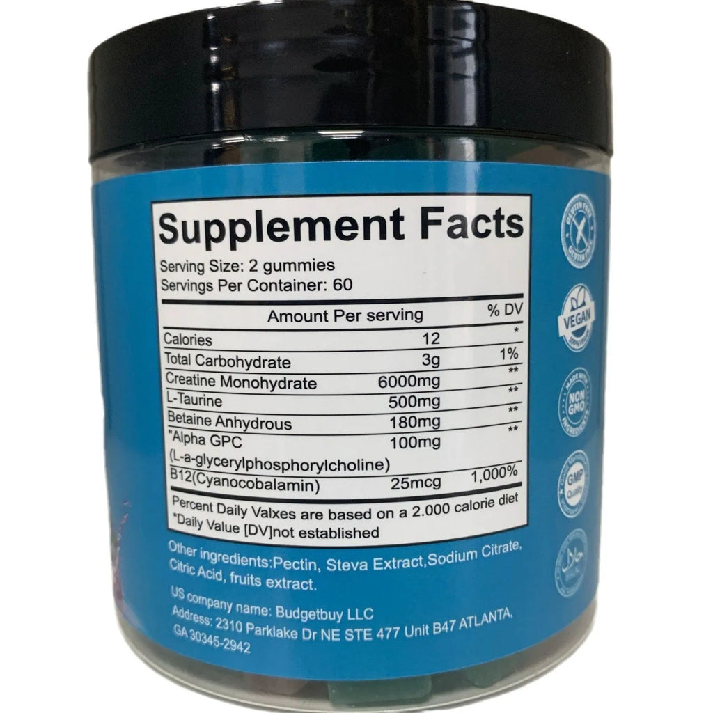 Bottle of raspberry-flavoured creatine monohydrate gummy supplements containing 120 soft candy tablets