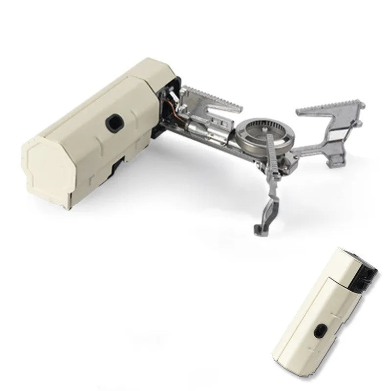 Green portable folding gas stove with adjustable valve and serrated bracket for camping