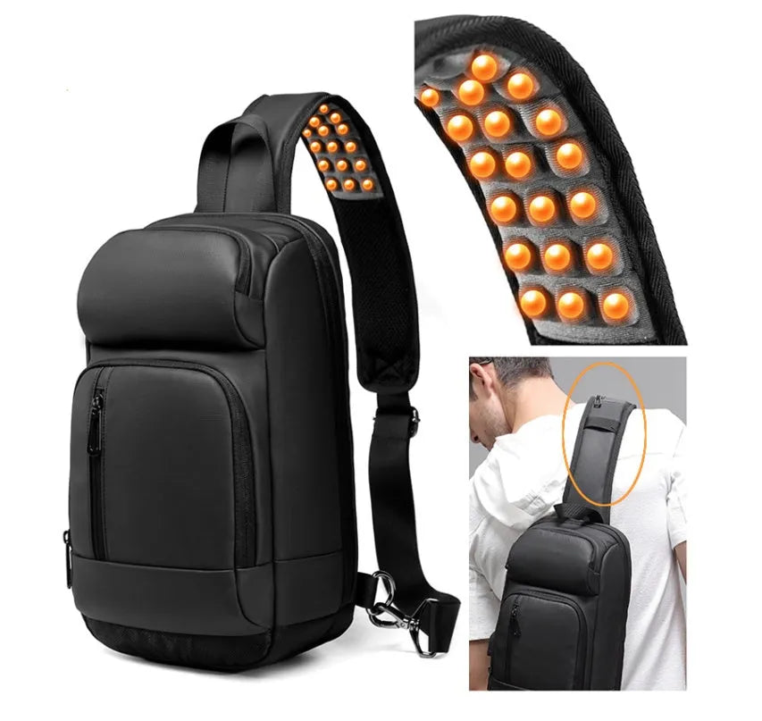 Black outdoor shoulder bag with air cushion strap and internal organisation compartments