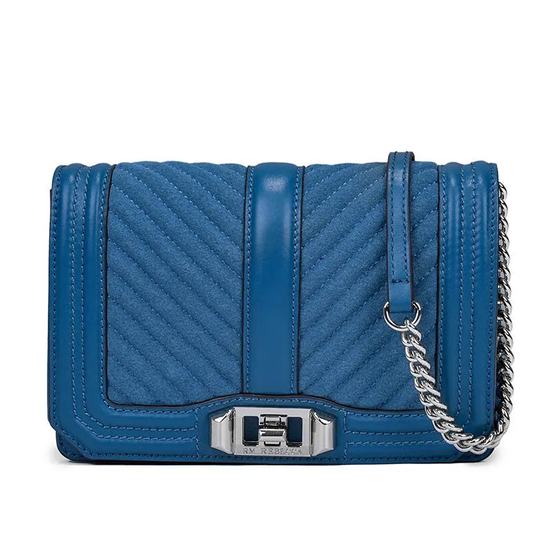 Women's rhombic chain shoulder bag in first layer cowhide with plaid pattern, cover type opening and cotton lining