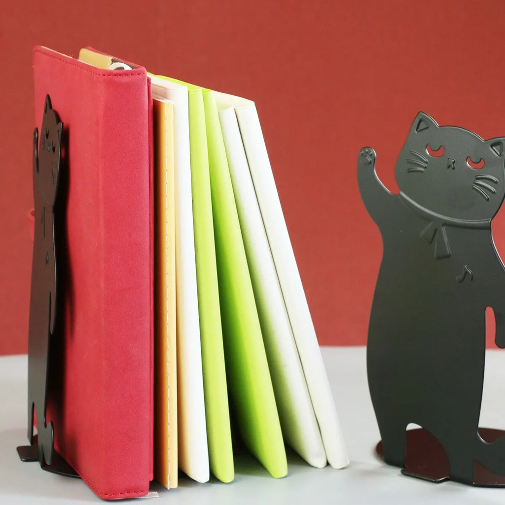 Cartoon cute music cat iron desktop book stand in black or white, 2-piece pack