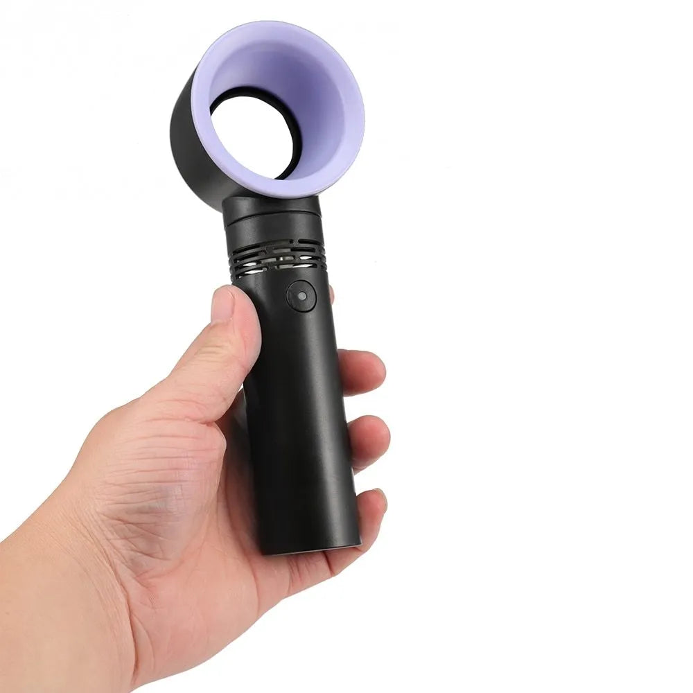 Portable bladeless fan in choice of colours with USB cable and base, showing no visible blades.
