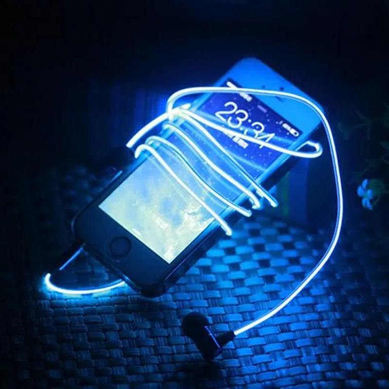 Magic Light LED earphones with aluminium alloy shells showing blue EL illumination around earpieces