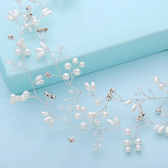 Bride's long hair band with crystal pearls in silver, gold, or rose gold, showing colour-preserving copper wire and length options
