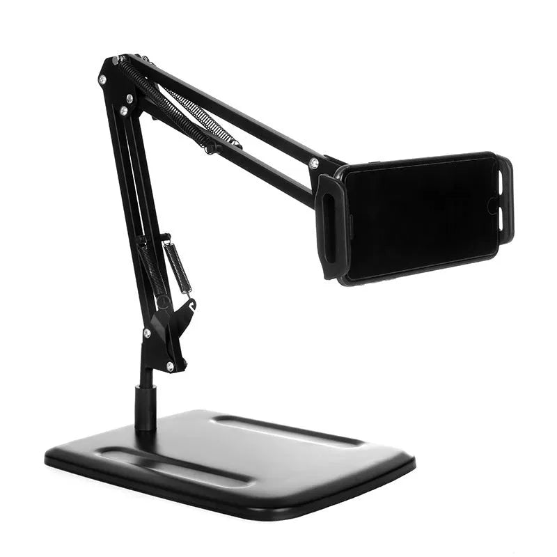 Black adjustable metal phone stand with long arm and rotating head on circular base